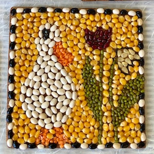 May include: A close-up of a mosaic art piece made from various beans and grains. The design features a white bean bird with a red bean flower and green bean leaves.