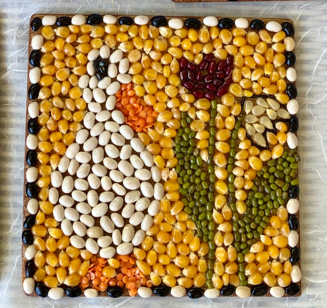 Spring duck, mosaic bean art, tulips, popcorn, folk art duck, whimsical wall art, housewarming gift, nursery art, new baby gift, darlin