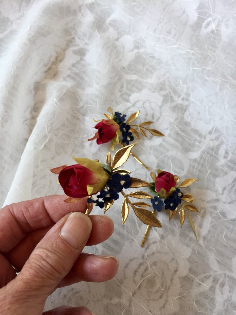 gold and navy,SET of 3,veil pins,homecoming hair pins,winter prom,holiday wedding,petite,mini rosebuds Navy and burgundy hair pins