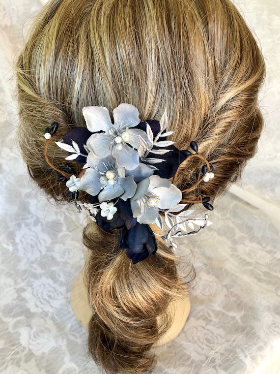 Navy and Silver Brides Clip,pearls and Navy,elegant Silver 