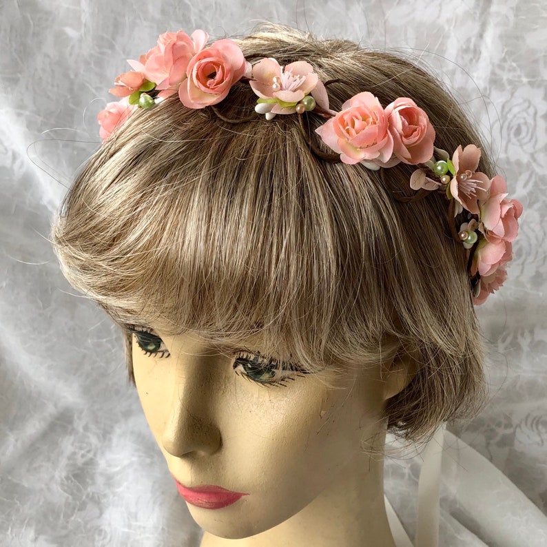 Blush bridal crown,pale peach flowers,blush and mint green,simple floral hair vine,blush and pearls,garden wedding,spring flowers,boho halo