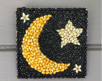 Moon and stars, mosaic art, small wall art, dried bean art, celestial folk art, white popcorn, crescent moon, whimsical wall art, unique