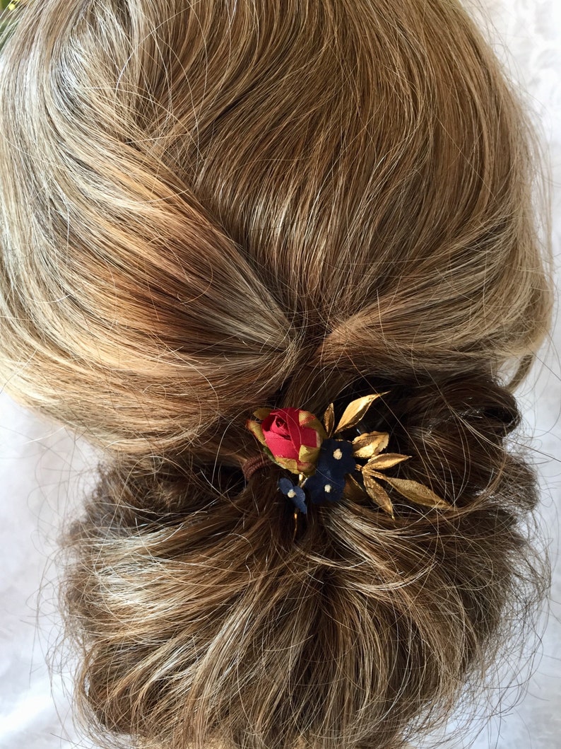gold and navy,SET of 3,veil pins,homecoming hair pins,winter prom,holiday wedding,petite,mini rosebuds Navy and burgundy hair pins
