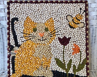 Whimsical Cat Art, mosaic, bean art, Folk art piece, Original cat and bumble bee, save the bees, tulips and bees, Cats and tulips