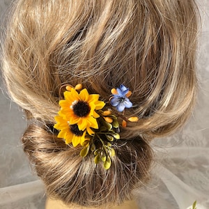 Sunflower hair pin,summer hair,flower girl hair accessory,blue and sunflowers,pearls and sunflowers,country flower girl,bridesmaid accessory