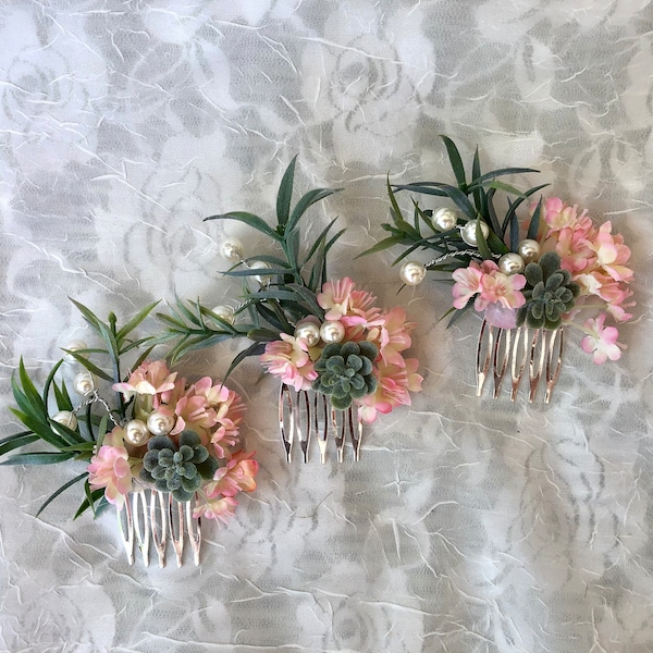 SET of 3 combs, pink succulent hair accessory, simple little hair comb, pearls and pink, dusty green, sage and peach, bridesmaid hair comb