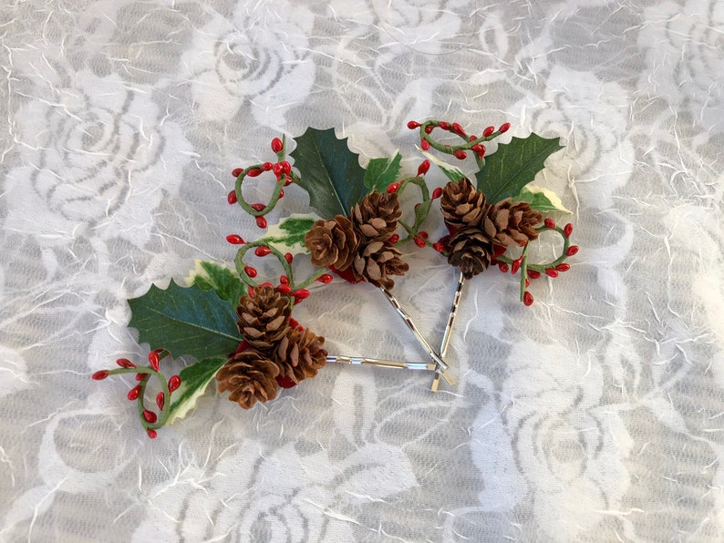 Holly hair pins,pine cones,red berries and holly,holiday hair accessory,party pins,petite hair pin,flower girl hair pin,winter wedding hair