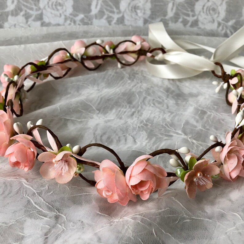 Blush bridal crown,pale peach flowers,blush and mint green,simple floral hair vine,blush and pearls,garden wedding,spring flowers,boho halo
