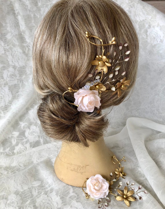 Gold and Pink Floral Hairpiece Rose Gold Hair Piece, Blush Floral Hair Pins, Wedding Hair  main image 2