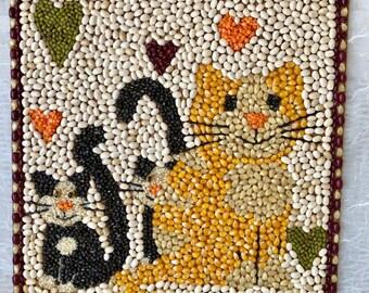 Mosaic, bean art, whimsical, folk art, repurposed materials, cat picture, bean hearts, seed cats, yellow cat, tuxedo cat, happy wall art