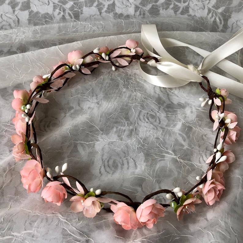 Blush bridal crown,pale peach flowers,blush and mint green,simple floral hair vine,blush and pearls,garden wedding,spring flowers,boho halo