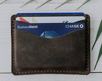 PERSONALIZED Leather Cardholder Mens Distressed Leather Wallet Slim Card Holder Minimalist Wallet Monogram Gift For Him | Coles - Chestnut