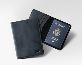 MONOGRAMMED Leather Travel Wallet Personalized Passport Wallet Distressed Leather Passport Cover Custom Travel Gift | Pike - Charcoal Black