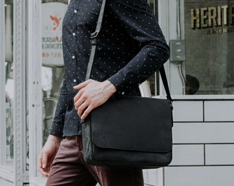 Mens Leather Messenger Distressed Black Leather Messenger Bag Mens Work Briefcase 13 Inch Laptop Bag Warren Charcoal Black Etsy