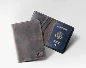 PERSONALIZED Leather Travel Wallet Distressed Leather Passport Cover Monogrammed Passport Wallet Custom Travel Gift For Him | Pike-Rock Gray