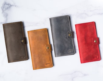 Funda para chequera delgada personalizada hecha a mano en cuero marrón, rojo y gris / Porta cheques de cuero de caballo de grano completo personalizado / Regalo para abuelo / Clark