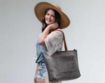 Bolso de cuero gris GRAN OFERTA, bolso con cremallera y bolsillo, bolso para computadora portátil, bolso de trabajo para estudiantes, bolso de hombro de cuero personalizado, Pegai LaSalle