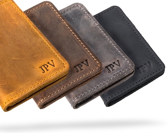 Billetera de cuero personalizada, billetera delgada personalizada para tarjetas de crédito, billetera resistente de piel de vaca envejecida con relieve de grano superior / KNOX
