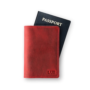 MONOGRAMMED Leather Passport Cover Personalized Travel Wallet Custom Bridesmaid Groomsmen Travel Gift Monogram Initials | DeKalb - Rose Red
