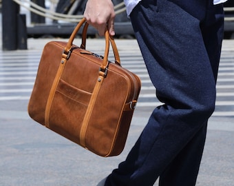 Handmade Full Grain Leather Brown Briefcase/ Men's Leather Laptop Bag/ Large Satchel Bag/ Gift for Him/ Gift for Anniversary/ Mens Work Bag