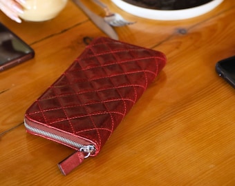 Leather Women's Red Handmade Large Quilted Zip Around Clutch Wallet/ Goat Leather Burgundy Woman Wallet with Zipper/ Gift for Her