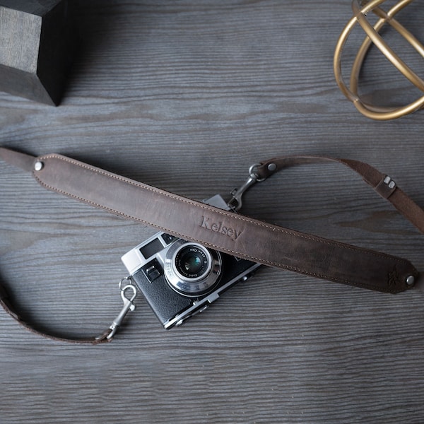 PERSONALIZED Leather Camera Strap/ Monogrammed Handmade Camera Holder/ Heavy Duty Cow Hide Camera Strap - Steve Chestnut