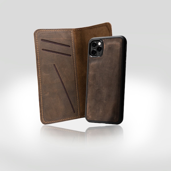 PERSONALIZED iPhone Wallet Leather Phone Case Distressed Leather Magnetic Case Monogram iPhone 6/ 7/ 8 & Plus X XS 11 12 13| McLean Chestnut