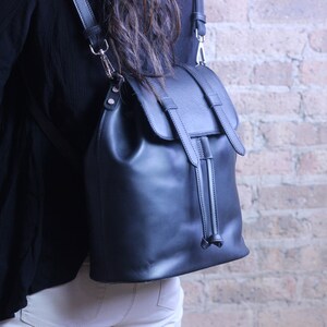 HUGE SALE 50% - Leather Bucket Bag w Pouch, Multi functional Backpack Shoulder Bag, Cross body Bag, Monogrammed Leather Womens Bag Jo Onyx