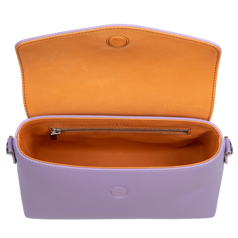 PEGAI Helen Lilac Pebbled Calfskin Leather Handbag featuring a sleek crossbody design, adjustable metal and leather strap, nickel-plated hardware, and a secure magnetic closure. Perfect for a luxurious and stylish look.