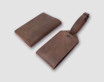 Pegai Leather Personalized Passport Holder and Luggage Tag Bundle, Monogrammed Passport Cover, Travel Gifts | DEKBON Sand Brown