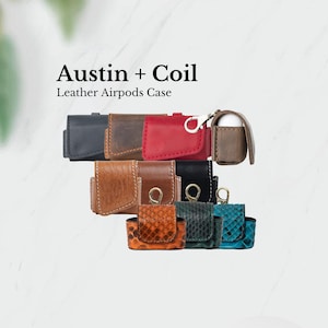 A lineup of handmade leather AirPods cases in classic, Italian, and python leather—ideal for gifting or everyday carry.