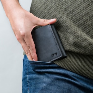 Trifold Wallet Mens Classic Billfold ID Holder Cash Wallet Distressed Leather Gift For Him | Kane - Charcoal Black