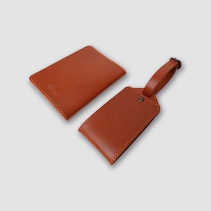 Pegai Personalized Leather Passport Holder, Luggage Tag, Bundle, Passport Cover/Wallet, Gift for Him/Her | DEKBON Cognac Brown