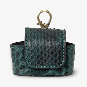 May include: A small green snakeskin leather case with a gold-toned metal hook. The case has a flap that closes with a snap.