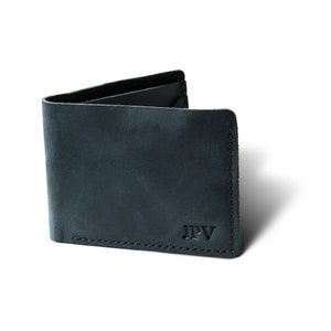 Personalized Distressed Leather Wallet, Mens Minimalist Wallet, Classic Billfold Cash Wallet, Monogrammed Gift For Him with Initials BUR Charcoal