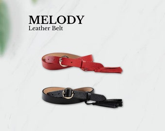 Pegai Black/Red Leather Belt for Women, Womens Belt with Tassel, Ready to Ship, Boho Belt, Full Grain Bridal Belts, Gift for Her | Melody