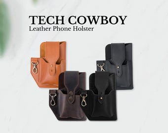 Personalized Leather Phone Holster for Men, Belt Holster with Wallet Pocket, Large Phone Case for iPhone, Samsung, Renfaire | TECH COWBOY