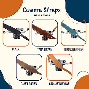 Pode incluir: Cinco correas de c&acirc;mera em v&aacute;rias cores, incluindo preto, marrom tabaco, verde turquesa, marrom camelo e marrom canela. As correas s&atilde;o de couro e t&ecirc;m um design simples. Correias de c&acirc;mera - novas cores