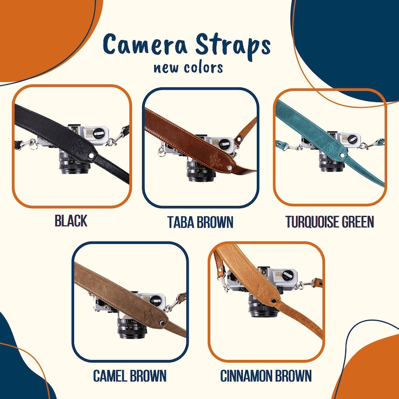 Pode incluir: Cinco correas de c&acirc;mera em v&aacute;rias cores, incluindo preto, marrom tabaco, verde turquesa, marrom camelo e marrom canela. As correas s&atilde;o de couro e t&ecirc;m um design simples. Correias de c&acirc;mera - novas cores