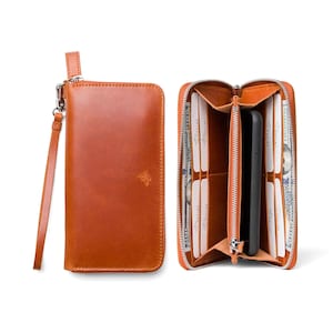 Cartera de mano grande de cuero marrón con cremallera para mujer, regalo para ella, regalo para aniversario, billetera clásica extragrande para mujer