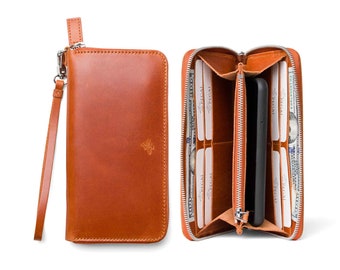 Women's Brown Leather Large Zip Around Designer Clutch Wallet