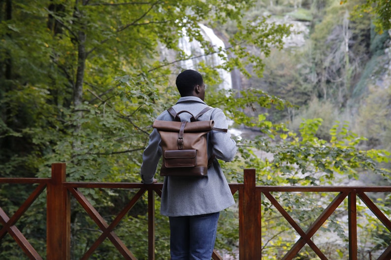 Pegai Leather Backpack for Men & Women, Rolltop Backpack for School, Gifts for Him and Her | Rocky Aniketos Vizon Brown