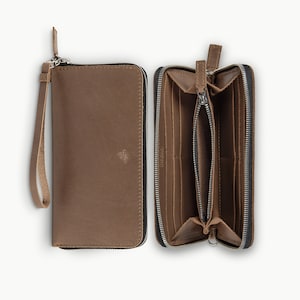 Pegai Leather Women's Long Wallet With Wristlet, Long Phone Wallet Clutch, Wedding Gift | Karla Sand Brown