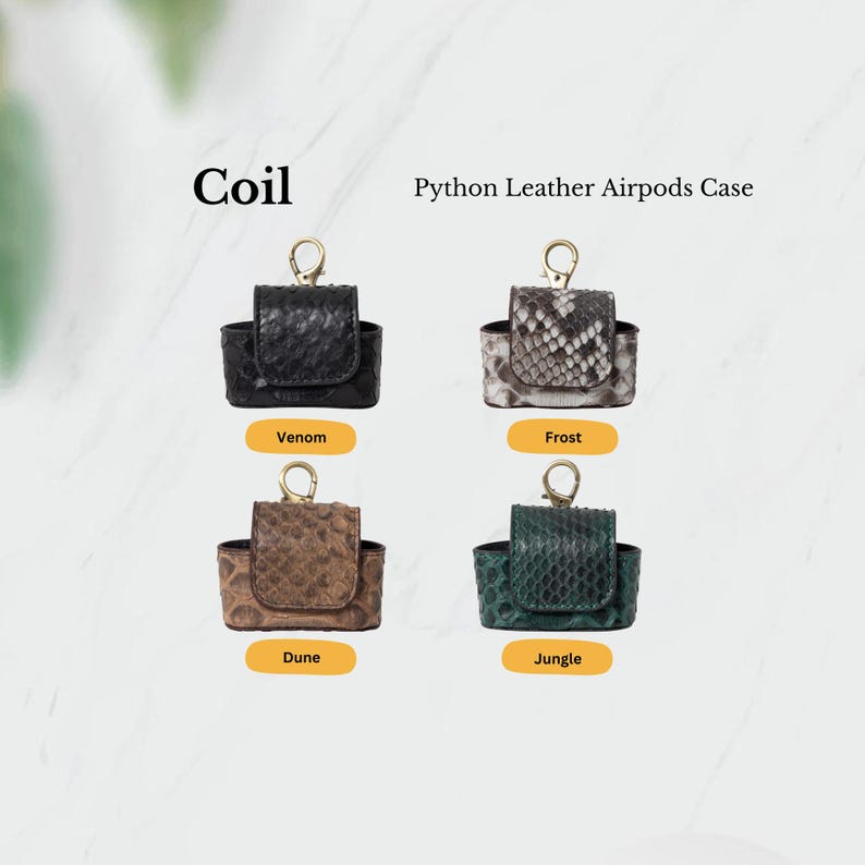 Textured python leather AirPods cases in Venom, Frost, Dune, and Jungle—luxury pieces for standout tech accessories.