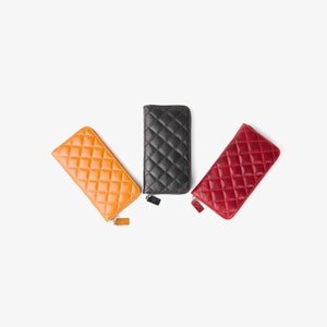 Cartera de mano grande de cuero acolchada con cremallera para mujer, hecha a mano / Cartera clásica de cuero de cordero y cabra para mujer con cremallera / Regalo para ella