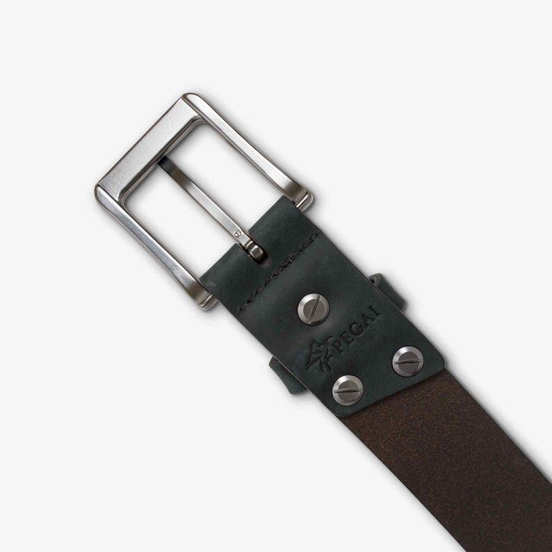 May include: A dark brown leather belt with a silver buckle and a black logo that says "PEGAL" with a tree design.