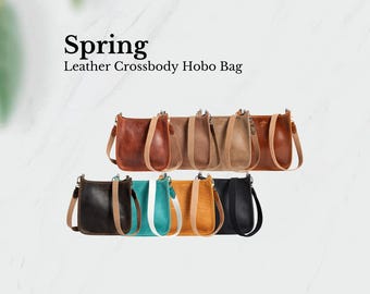 Spring Leather Hobo Crossbody Bag, Small Full‑Grain Leather Crossbody Purse with Canvas Strap