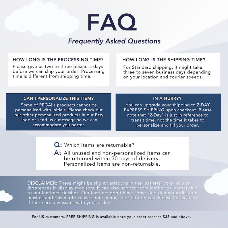 Op de afbeelding: FAQ-pagina met informatie over verwerkings- en verzendtijden, personalisatieopties, retourzendingen en een disclaimer over kleurvariaties in leer. De tekst bevat de zin "Gratis verzending is beschikbaar zodra uw bestelling &euro; 35 bereikt."