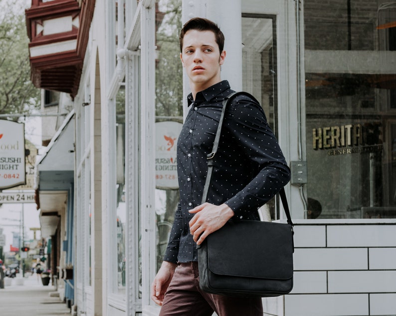 Charcoal Black Mens Leather Messenger Distressed Black Leather Messenger Bag Mens Work Briefcase 13 Inch Laptop Bag Warren