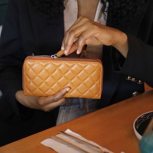 Leder Damen Gelb Handgefertigte Große Capitone Reißverschluss Clutch Brieftasche / Lamm Leder Senf Frau Brieftasche mit Reißverschluss / Geschenk für Sie
